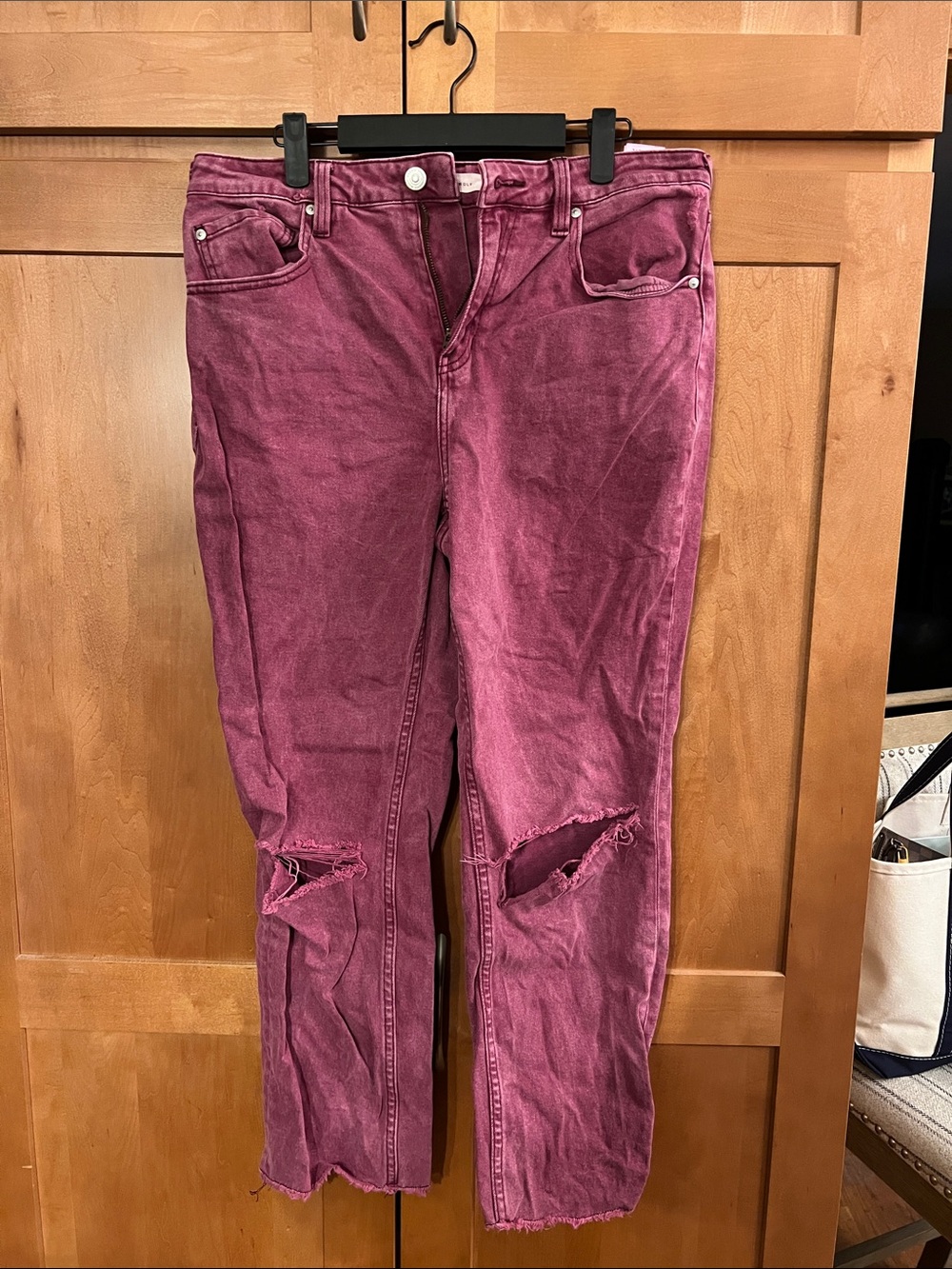High-Waist Cropped Distressed Jeans in Berry